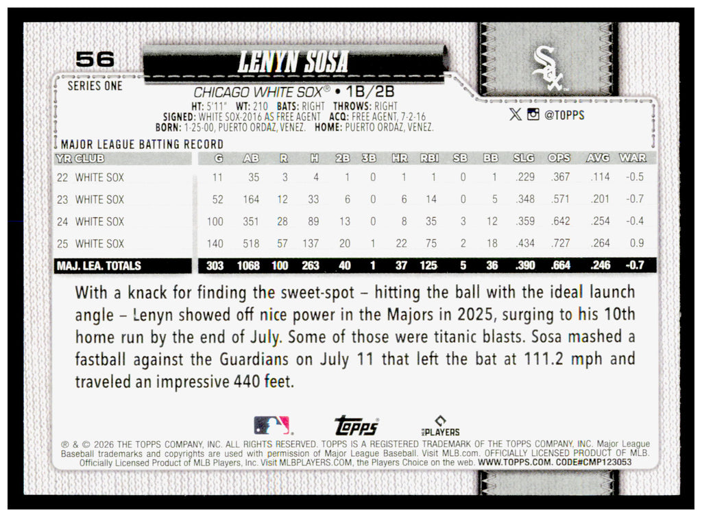 2026 Topps Lenyn Sosa Card Chicago White Sox #56