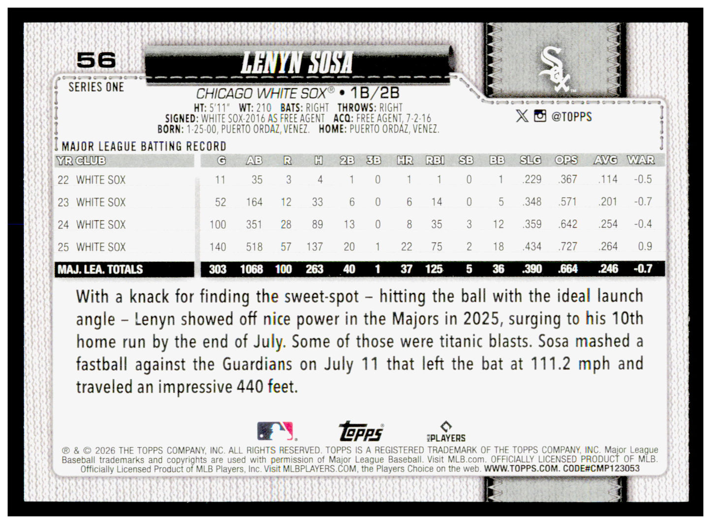 2026 Topps Lenyn Sosa Card Chicago White Sox #56