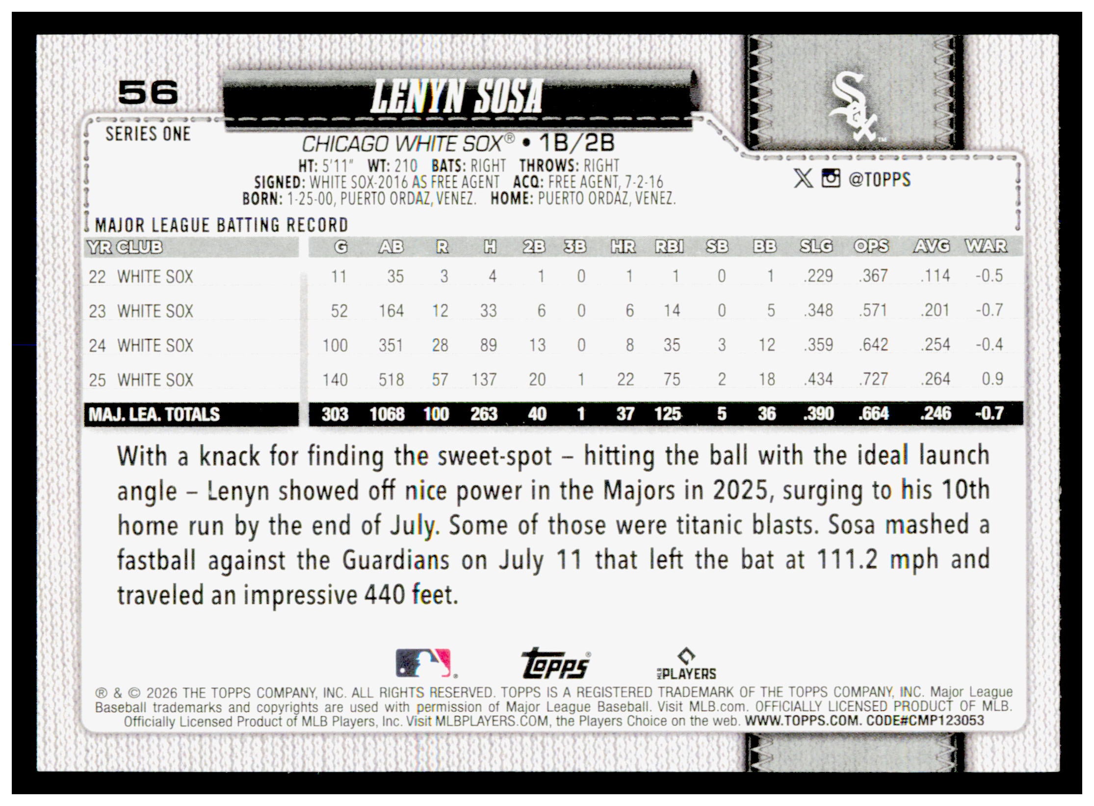 2026 Topps Lenyn Sosa Card Chicago White Sox #56