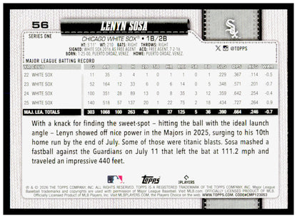 2026 Topps Lenyn Sosa Card Chicago White Sox #56
