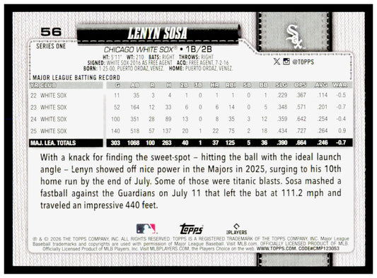 2026 Topps Lenyn Sosa Card Chicago White Sox #56