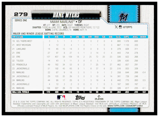 2026 Topps Dane Myers Card Miami Marlins #279
