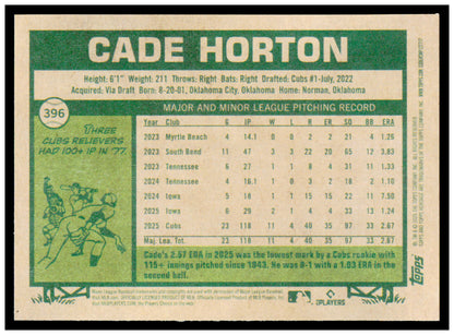 2026 Topps Heritage Cade Horton Card Chicago Cubs #396