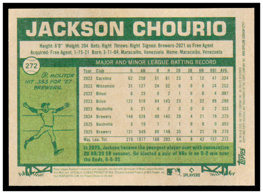 2026 Topps Heritage Jackson Chourio Card Milwaukee Brewers #272