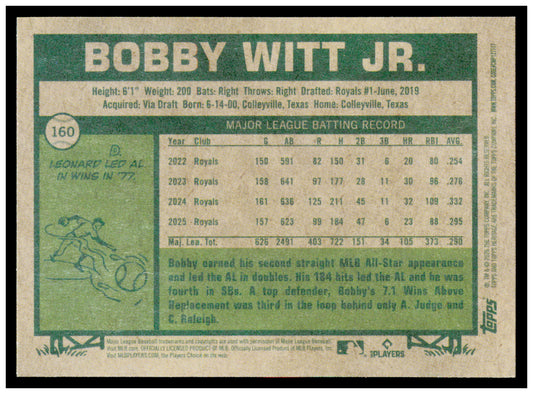 2026 Topps Heritage Bobby Witt Jr. Card Kansas City Royals #160