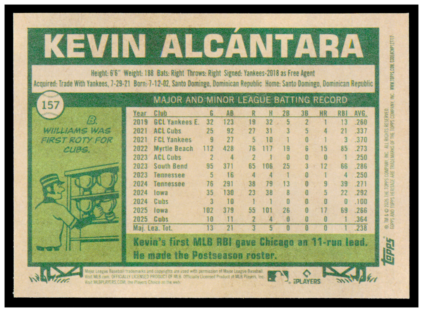 2026 Topps Heritage Kevin Alcántara Card Chicago Cubs #157