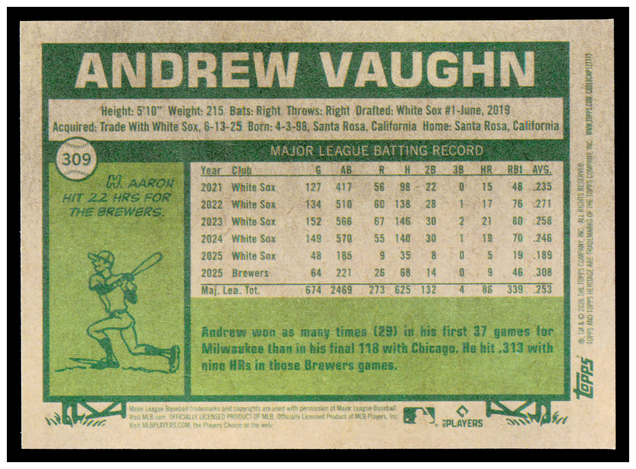2026 Topps Heritage Andrew Vaughn Card Milwaukee Brewers #309