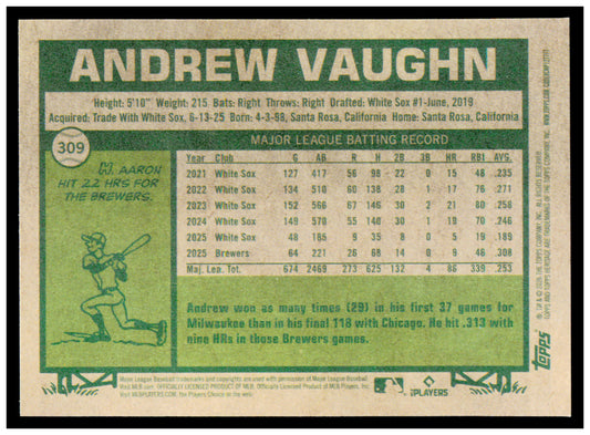 2026 Topps Heritage Andrew Vaughn Card Milwaukee Brewers #309