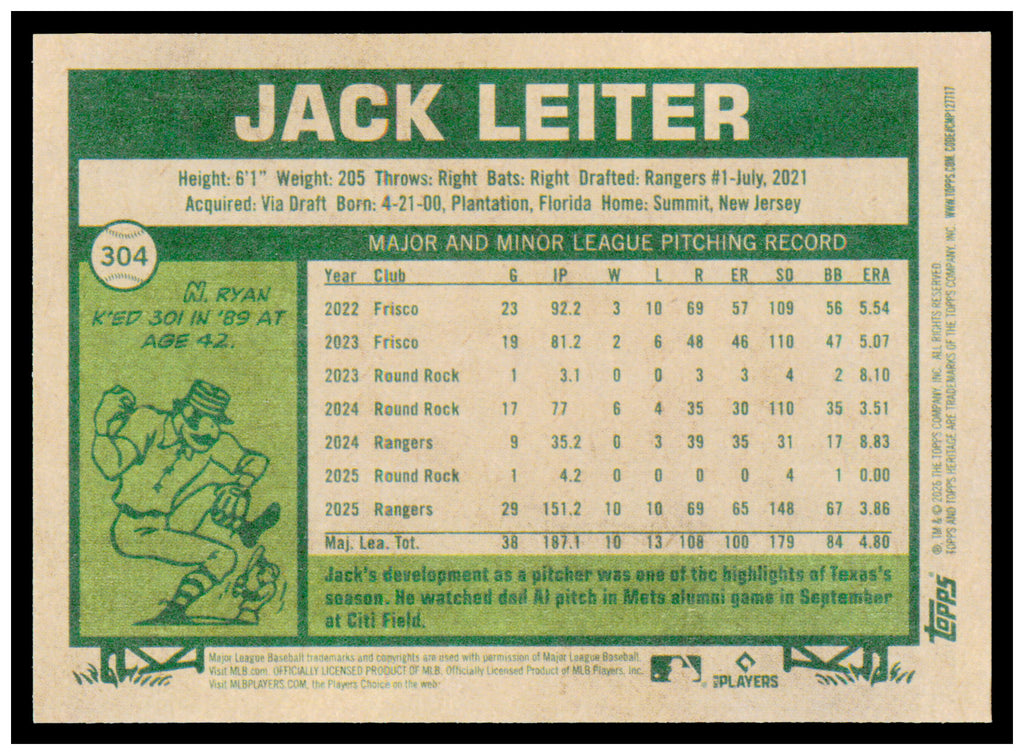 2026 Topps Heritage Jack Leiter Card Texas Rangers #304