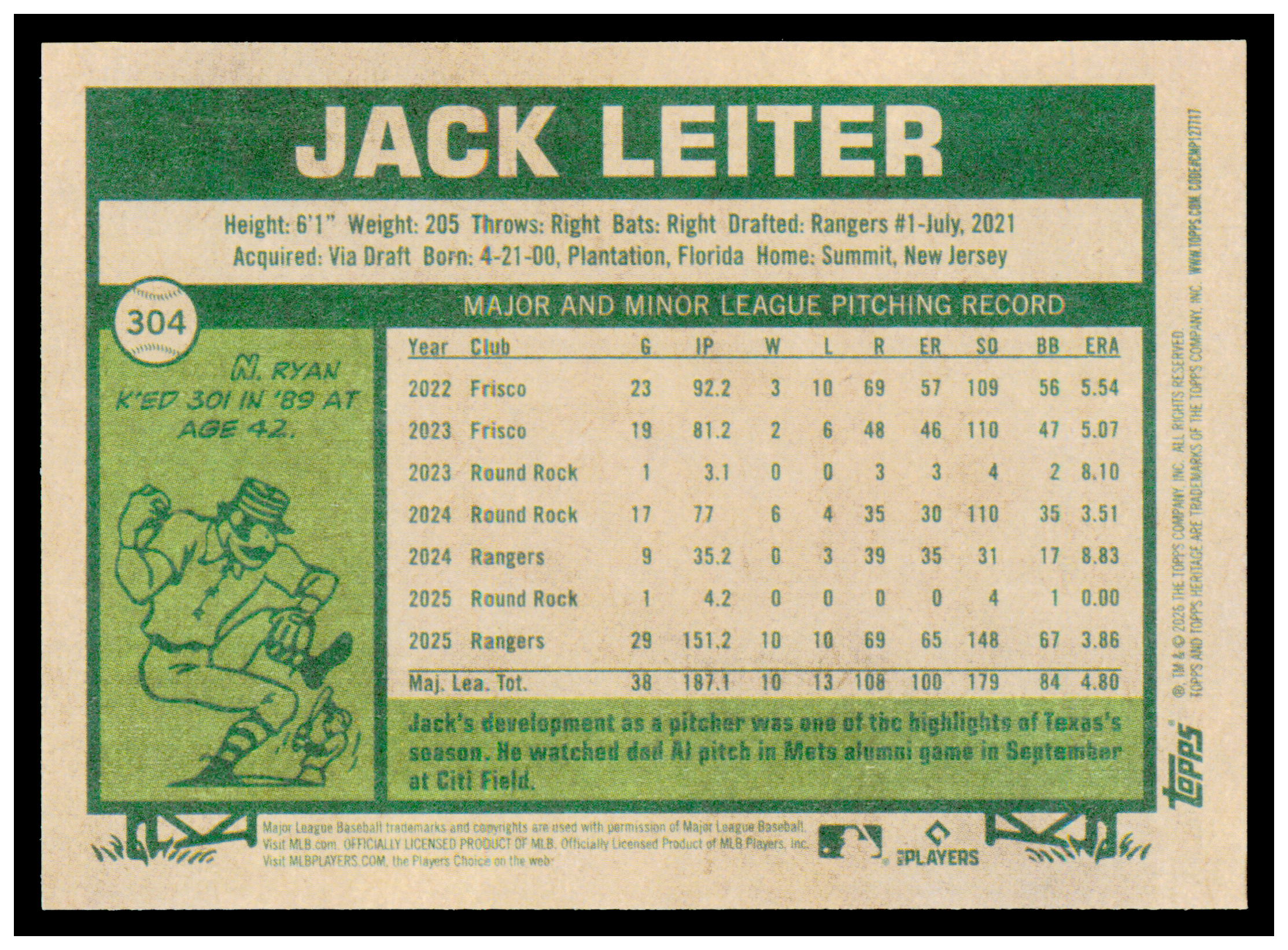 2026 Topps Heritage Jack Leiter Card Texas Rangers #304