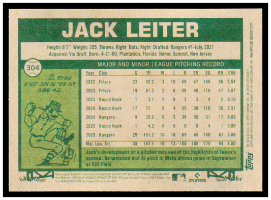 2026 Topps Heritage Jack Leiter Card Texas Rangers #304