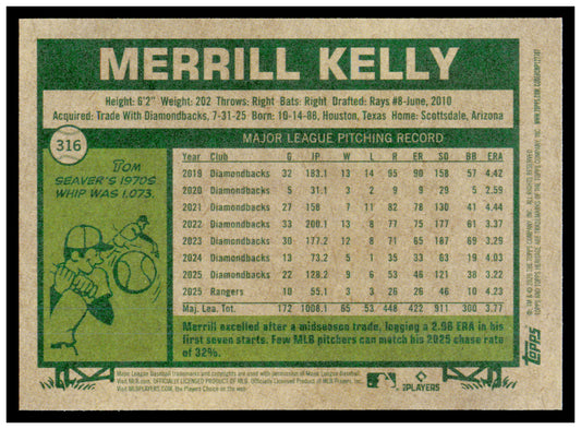 2026 Topps Heritage Merrill Kelly Card Texas Rangers #316