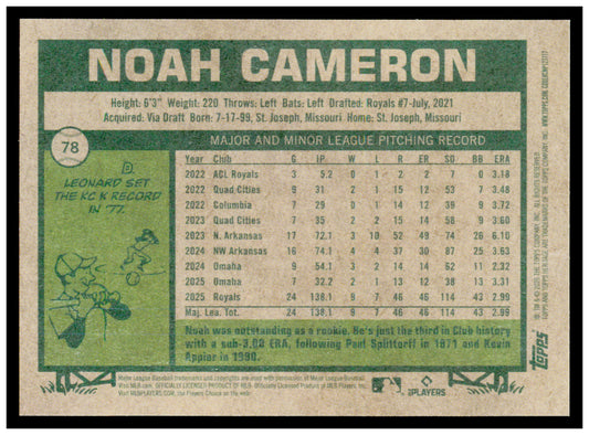 2026 Topps Heritage Noah Cameron Card Kansas City Royals #78
