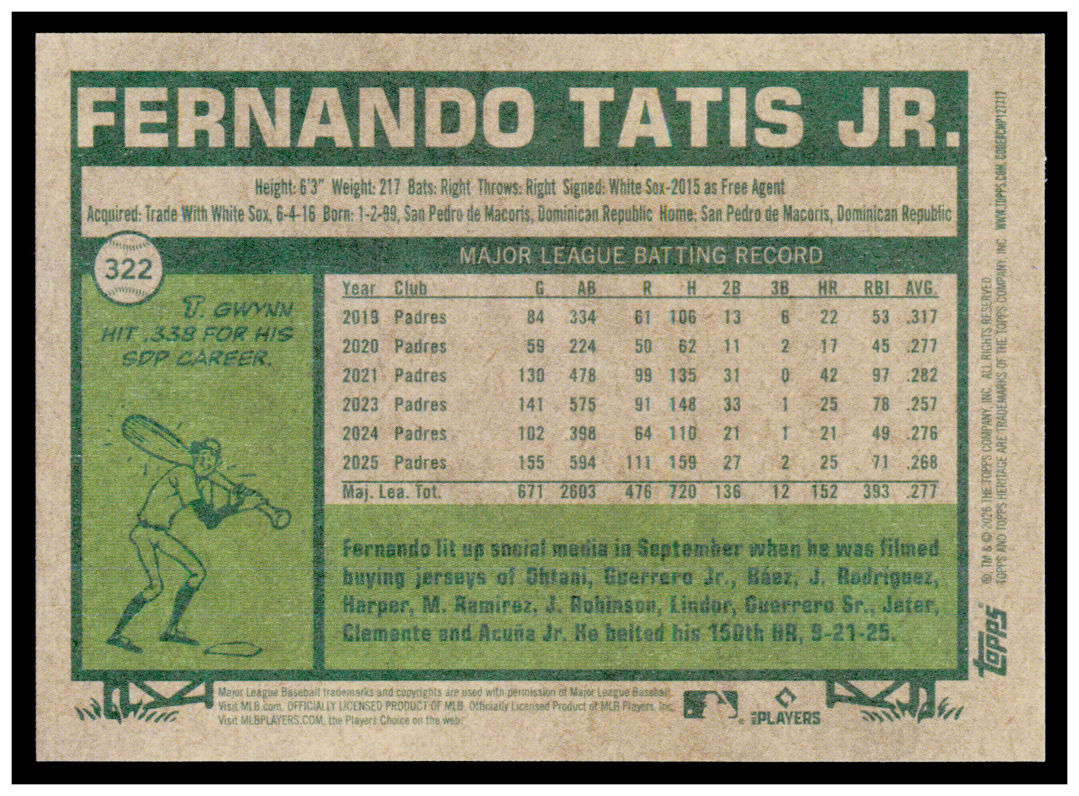 2026 Topps Heritage Fernando Tatis Jr. Card San Diego Padres #322