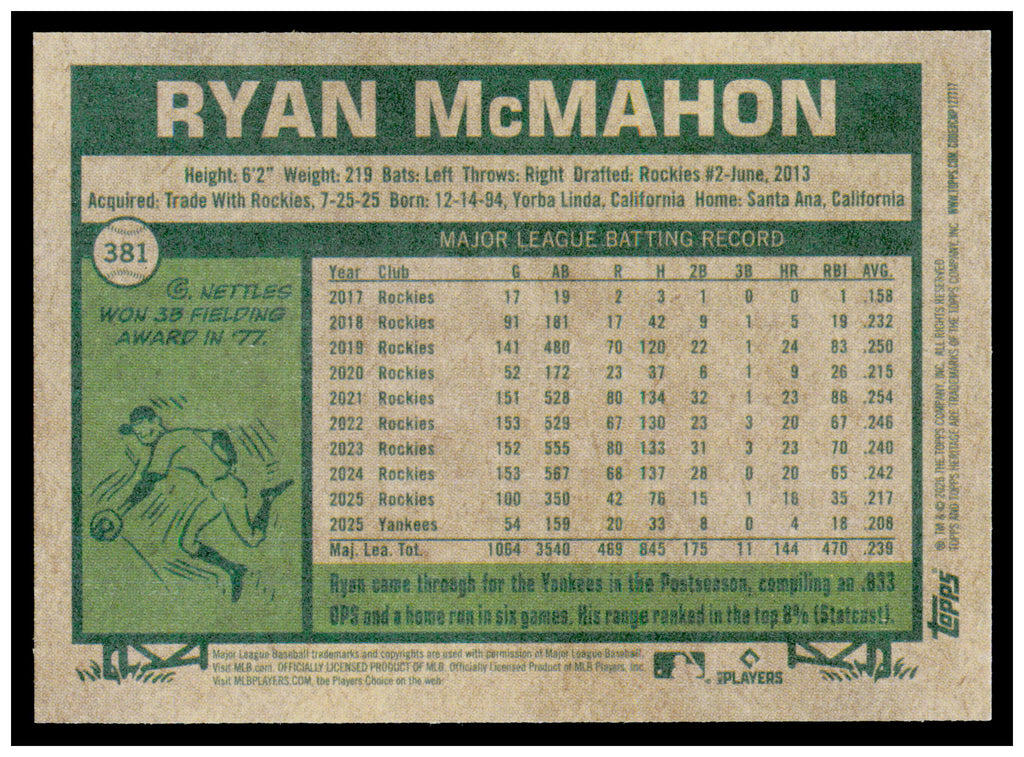 2026 Topps Heritage Ryan McMahon Card New York Yankees #381