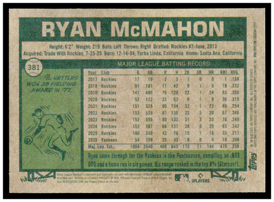 2026 Topps Heritage Ryan McMahon Card New York Yankees #381