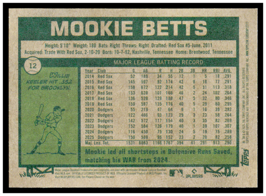 2026 Topps Heritage Mookie Betts Card Los Angeles Dodgers #12