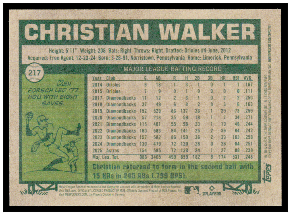 2026 Topps Heritage Christian Walker Card Houston Astros #217