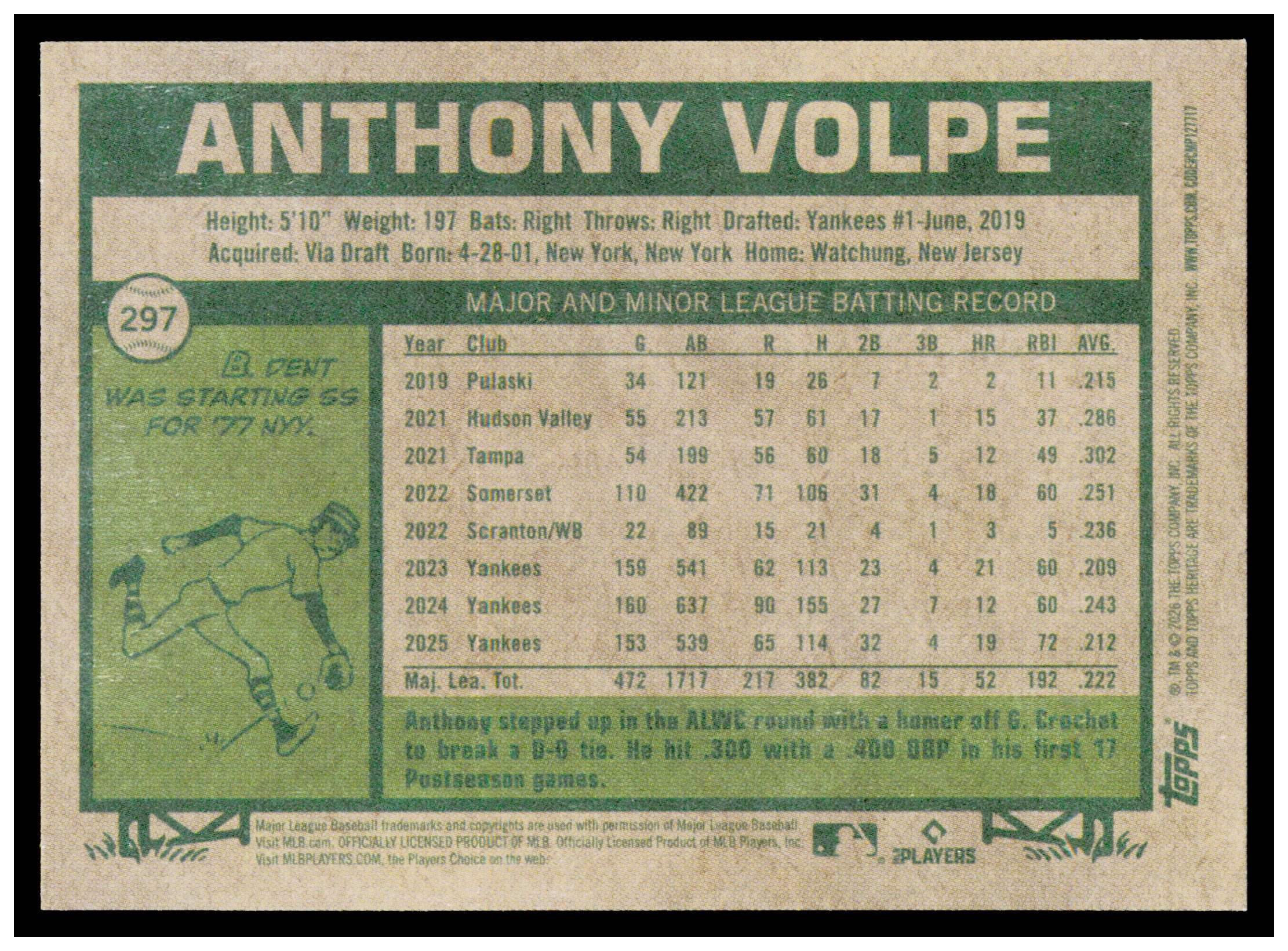 2026 Topps Heritage Anthony Volpe Card New York Yankees #297