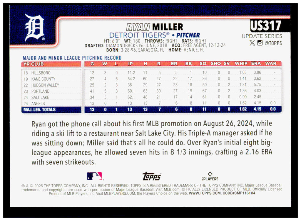 2025 Topps Update Ryan Miller Card RC Detroit Tigers #US317