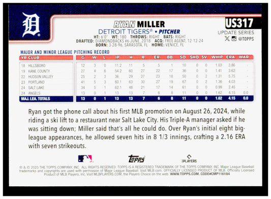 2025 Topps Update Ryan Miller Card RC Detroit Tigers #US317