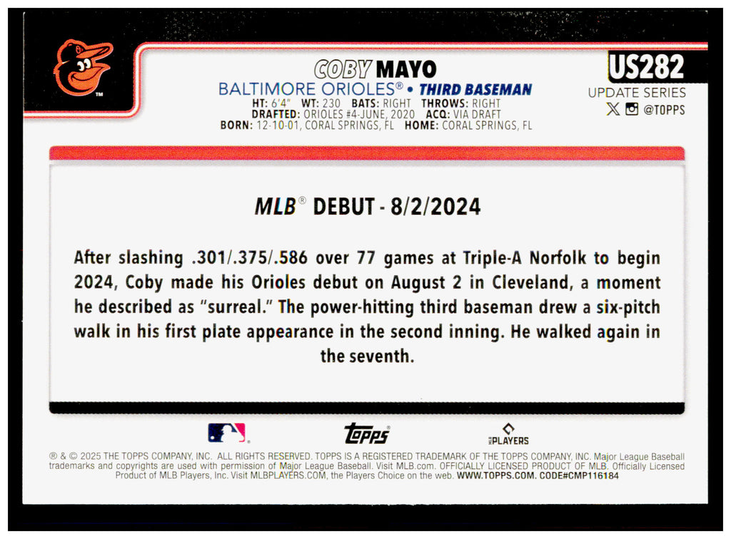 2025 Topps Update Coby Mayo Card Baltimore Orioles #US282