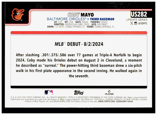 2025 Topps Update Coby Mayo Card Baltimore Orioles #US282