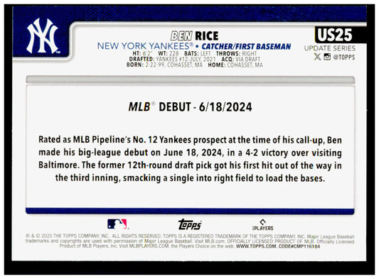 2025 Topps Update Ben Rice Card New York Yankees #US25