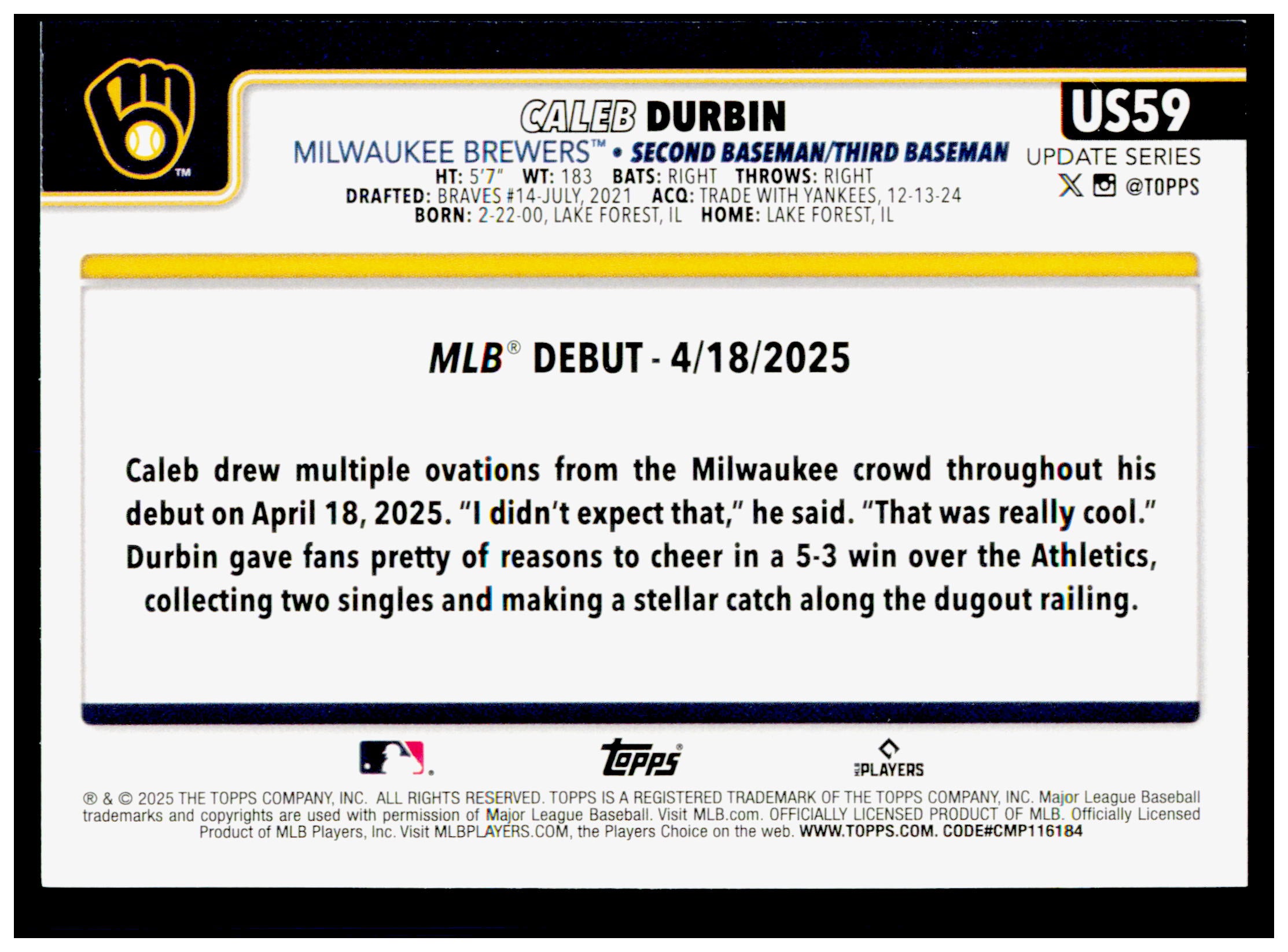 2025 Topps Update Caleb Durbin Card Milwaukee Brewers #US59