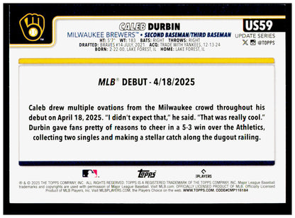 2025 Topps Update Caleb Durbin Card Milwaukee Brewers #US59