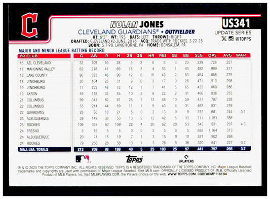 2025 Topps Update Nolan Jones Card Cleveland Guardians #US341