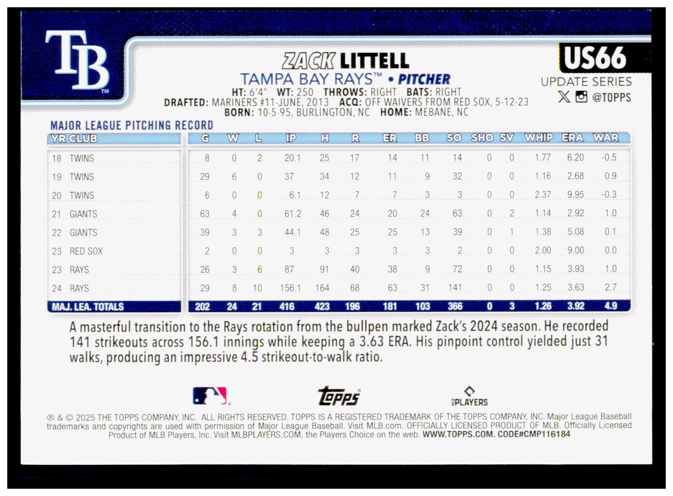 2025 Topps Update Zack Littell Card Tampa Bay Rays #US66