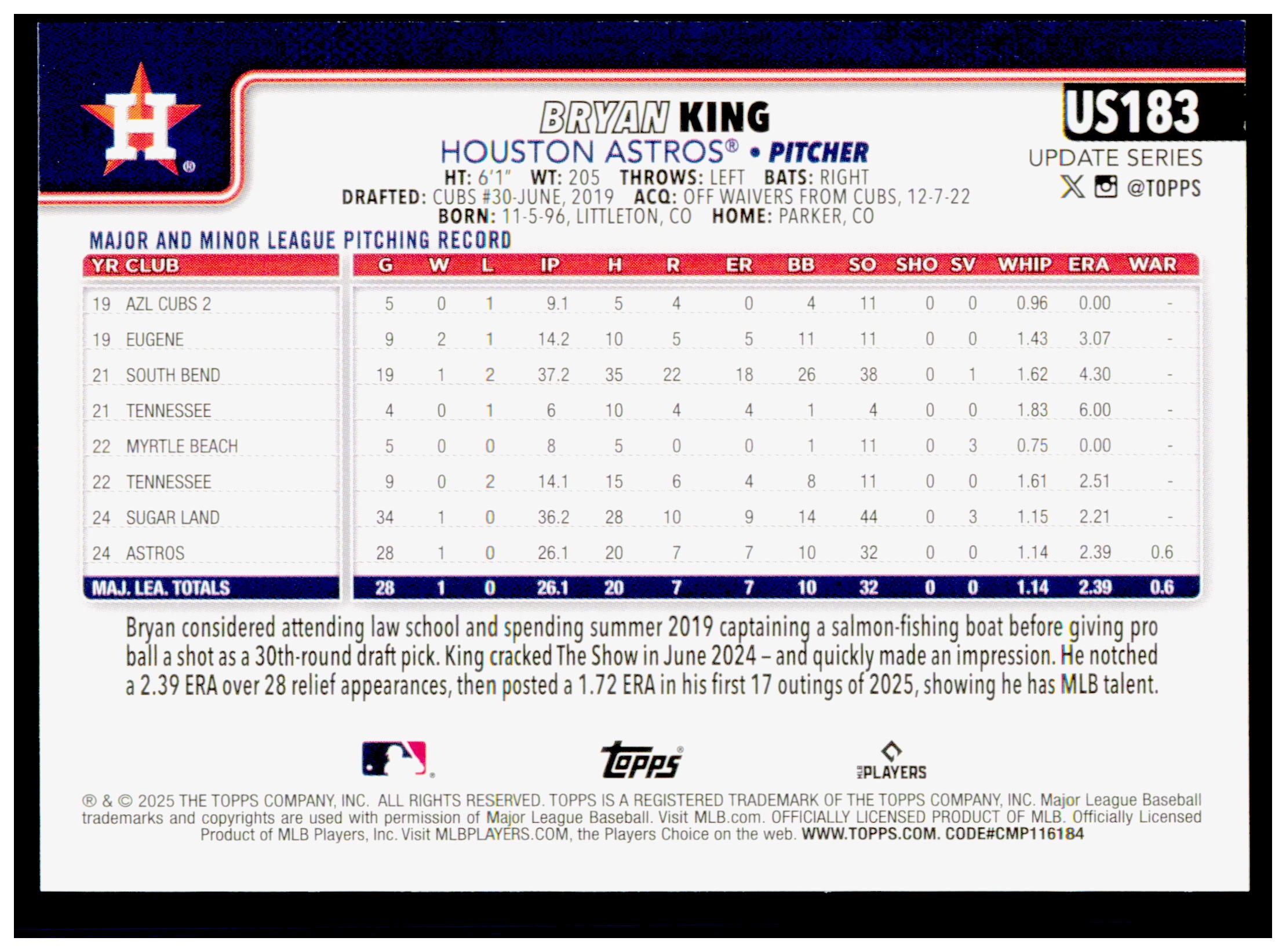 2025 Topps Update Bryan King Card RC Houston Astros #US183