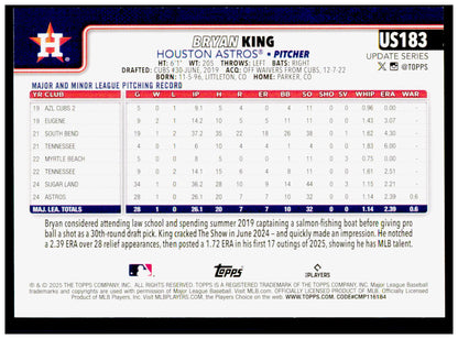 2025 Topps Update Bryan King Card RC Houston Astros #US183