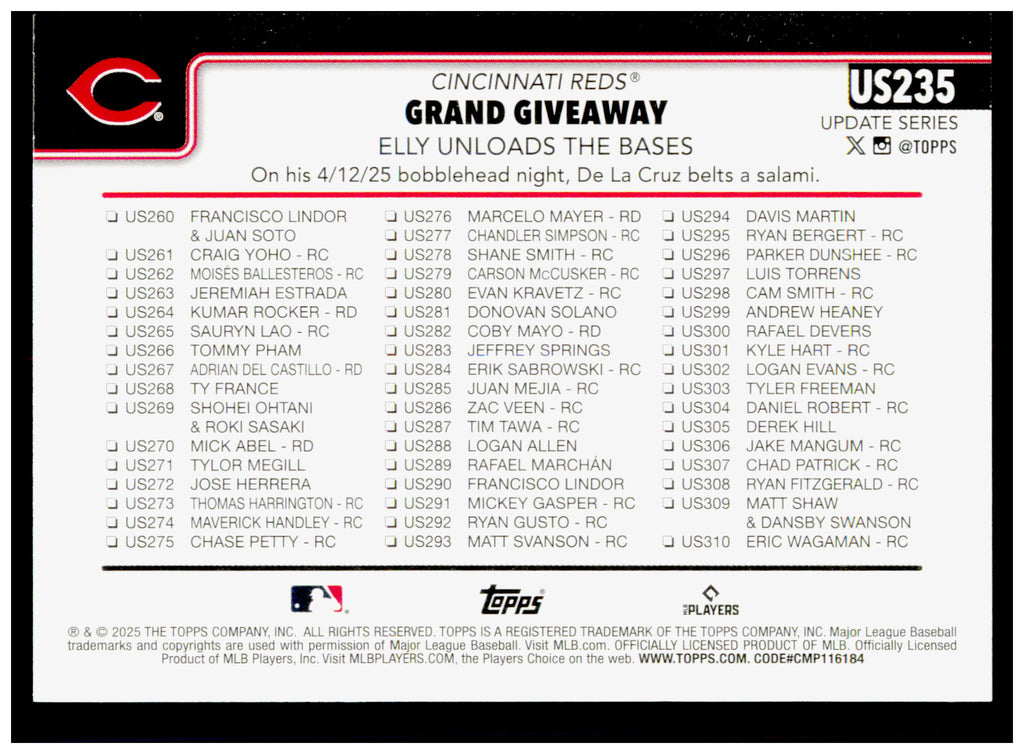 2025 Topps Update Grand Giveaway Card Cincinnati Reds #US235