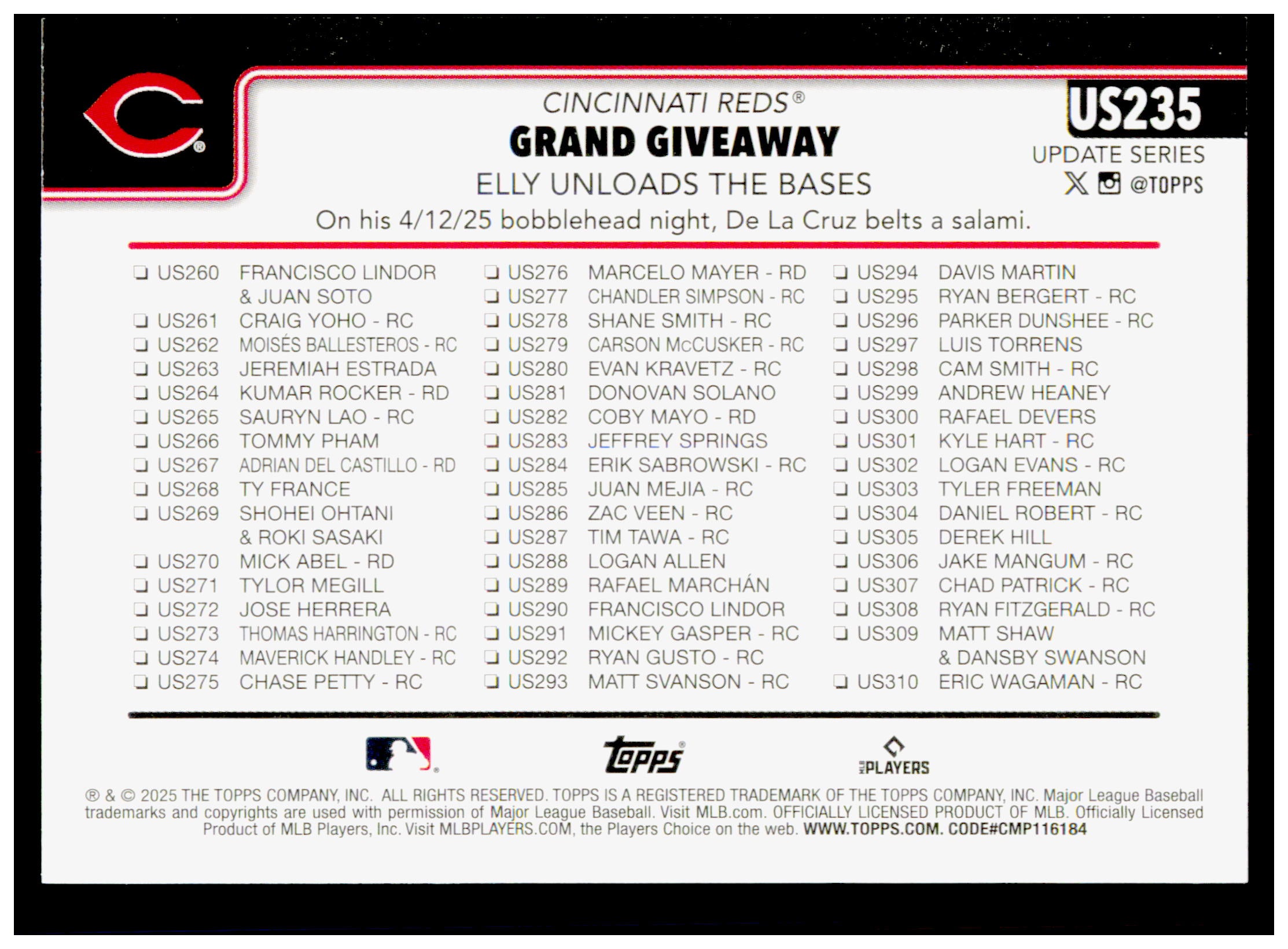 2025 Topps Update Grand Giveaway Card Cincinnati Reds #US235
