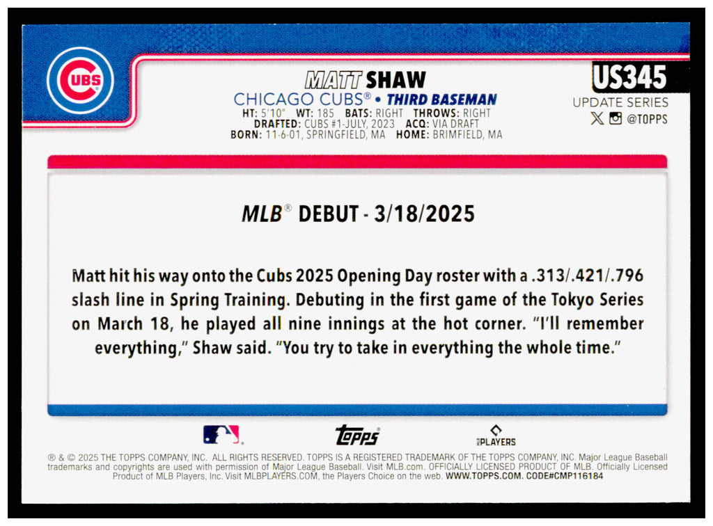 2025 Topps Update Matt Shaw Card RC Chicago Cubs