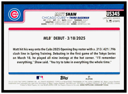 2025 Topps Update Matt Shaw Card RC Chicago Cubs