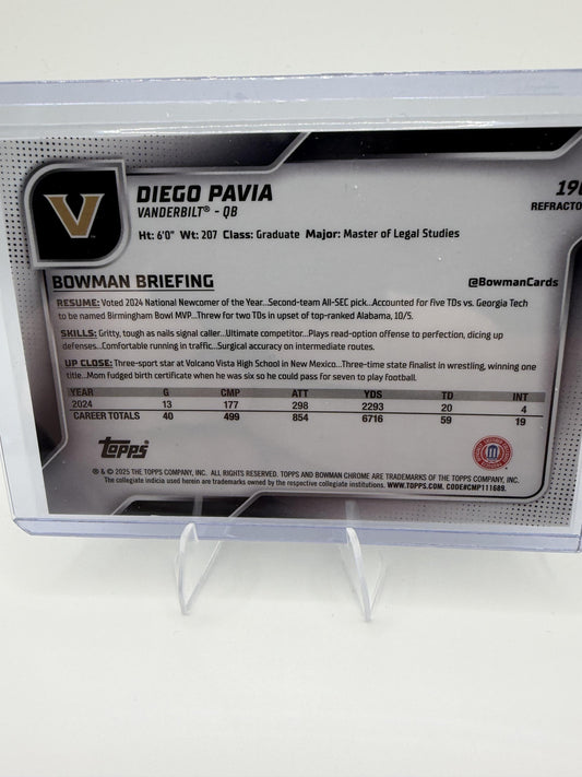 2025 Bowman University Chrome Diego Pavia 1st Bowman Refractor #190 Vanderbilt