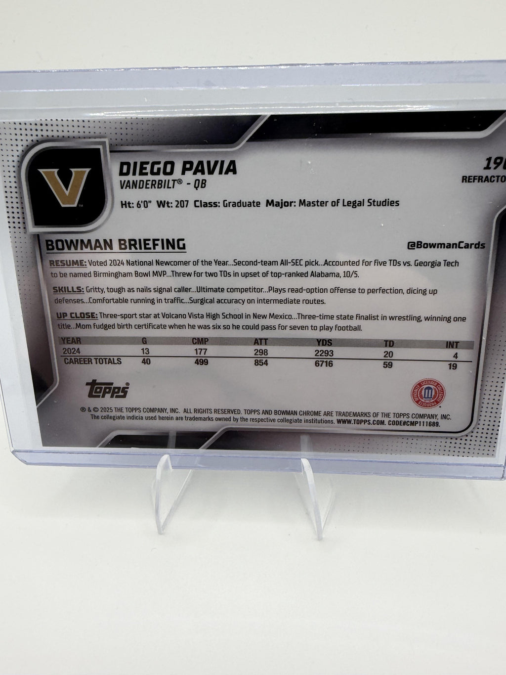 2025 Bowman University Chrome Diego Pavia 1st Bowman Refractor #190 Vanderbilt
