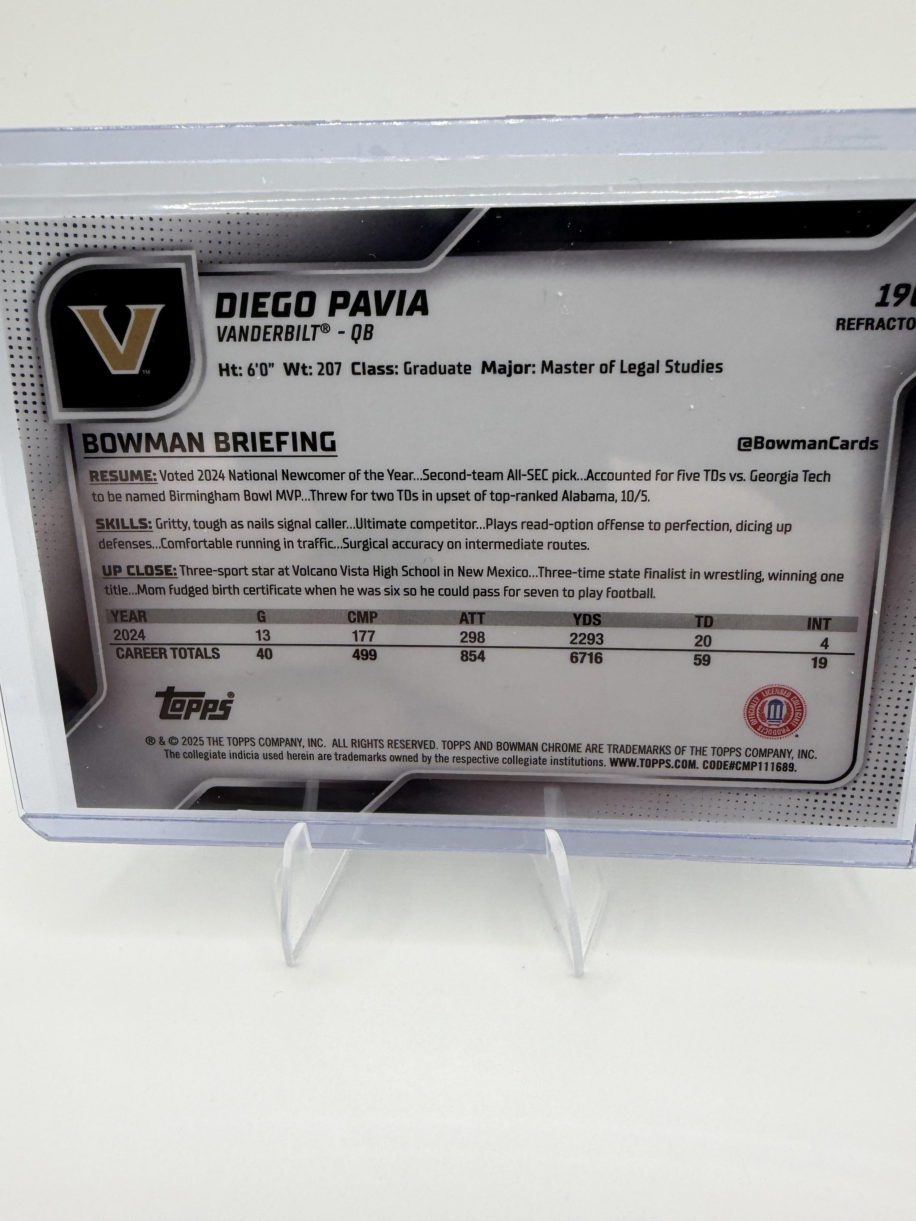 2025 Bowman University Chrome Diego Pavia 1st Bowman Refractor #190 Vanderbilt