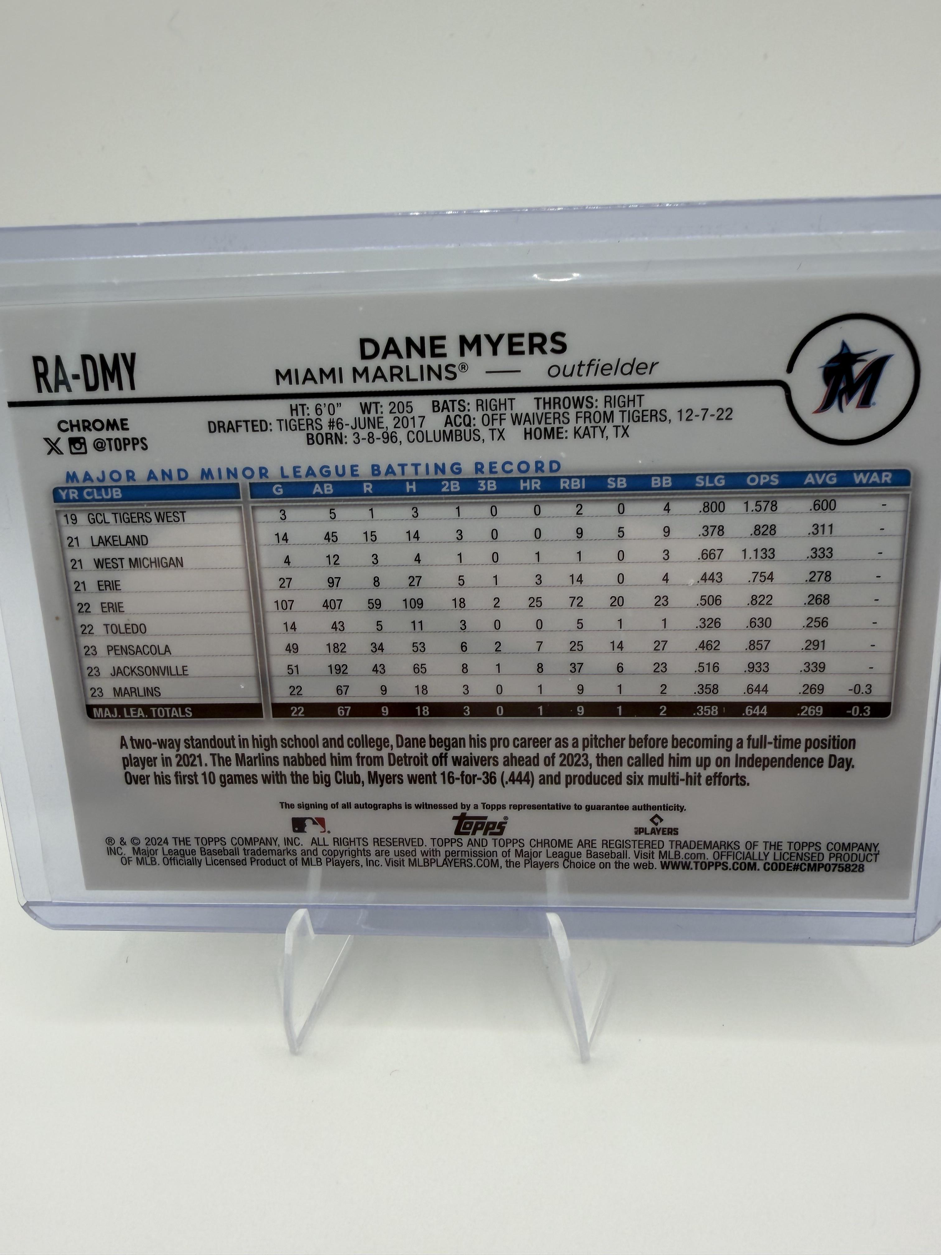 2024 Topps Chrome Dane Myers RC On-Card Auto #RA-DMY Marlins Rookie Autograph