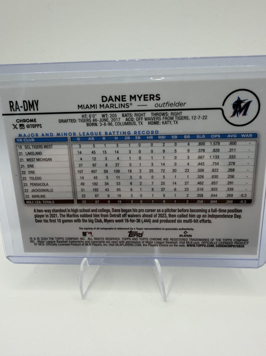2024 Topps Chrome Dane Myers RC On-Card Auto #RA-DMY Marlins Rookie Autograph