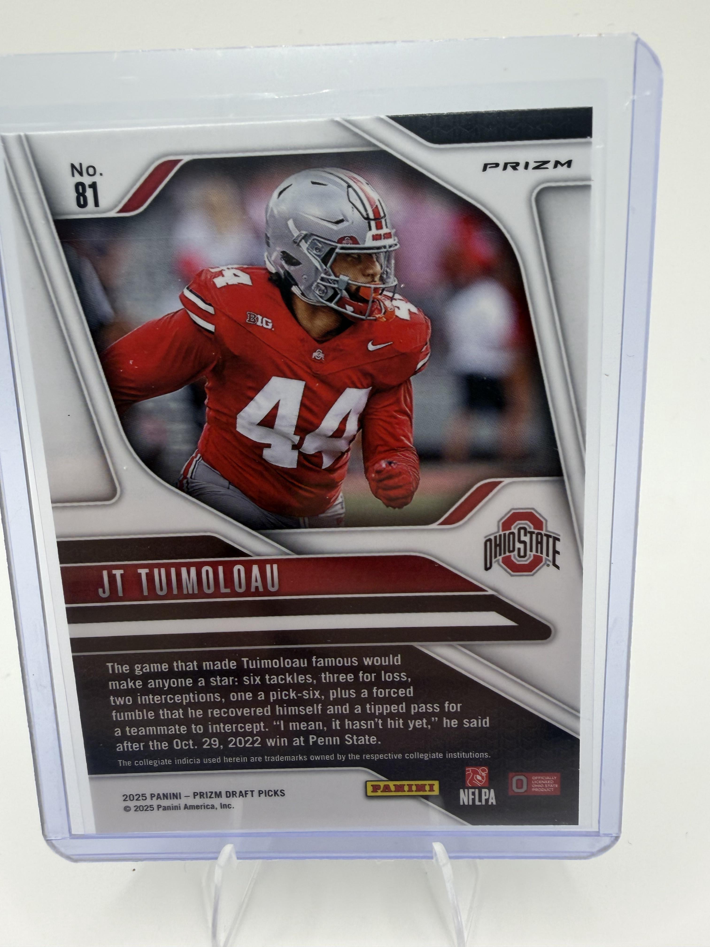 2025 Panini Prizm Draft Picks JT Tuimoloau Purple Prizm RC #81 Ohio State