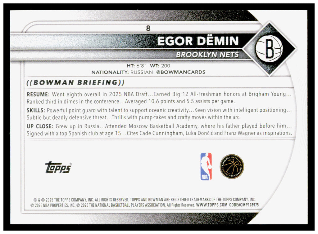 2025-26 Bowman #8 Egor Dëmin Rookie Card