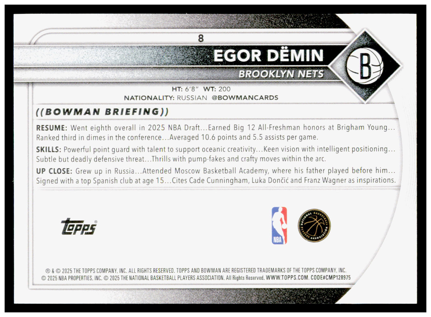 2025-26 Bowman #8 Egor Dëmin Rookie Card