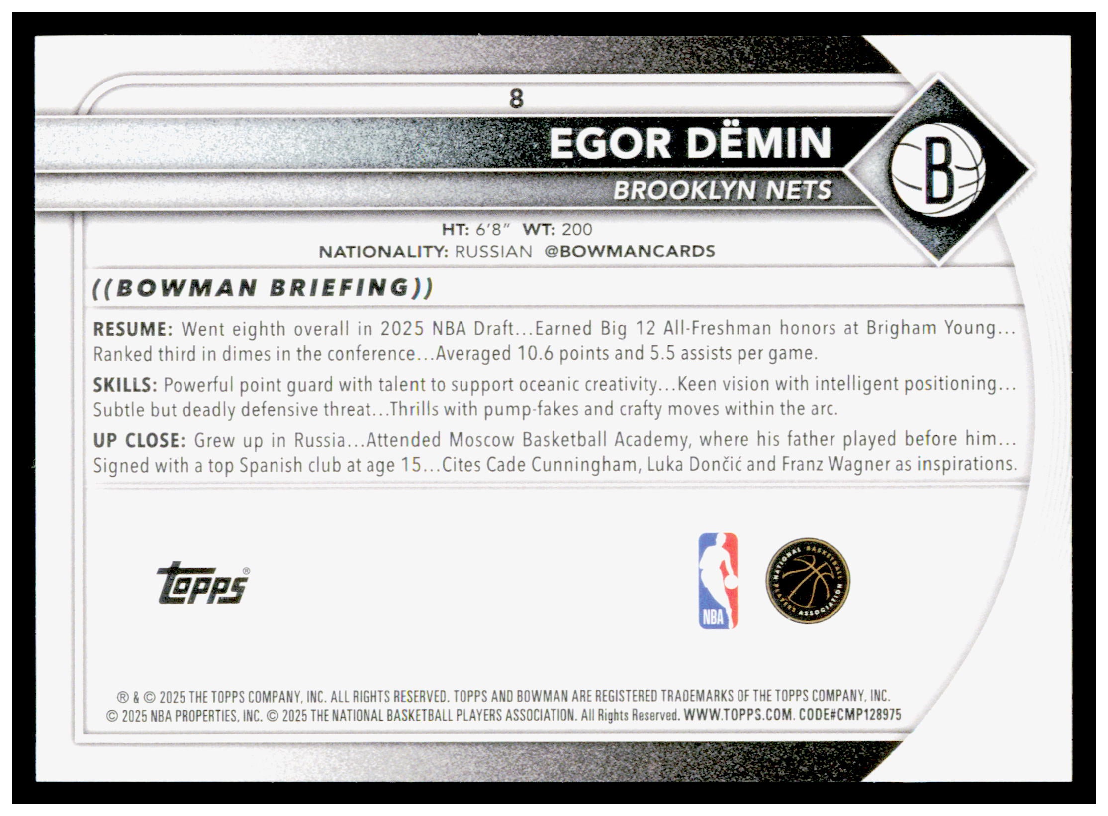 2025-26 Bowman #8 Egor Dëmin Rookie Card