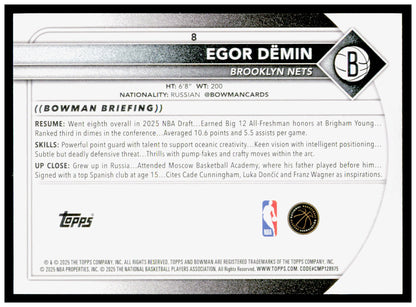 2025-26 Bowman #8 Egor Dëmin Rookie Card