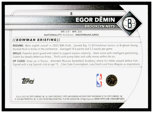 2025-26 Bowman #8 Egor Dëmin Rookie Card