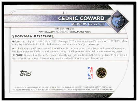 2025-26 Bowman #11 Cedric Coward Card